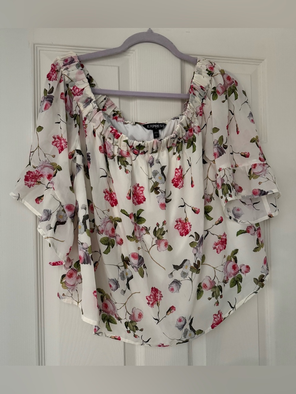 Express Floral Off-The-Shoulder Chiffon Cream Blouse / Size Large / NWT